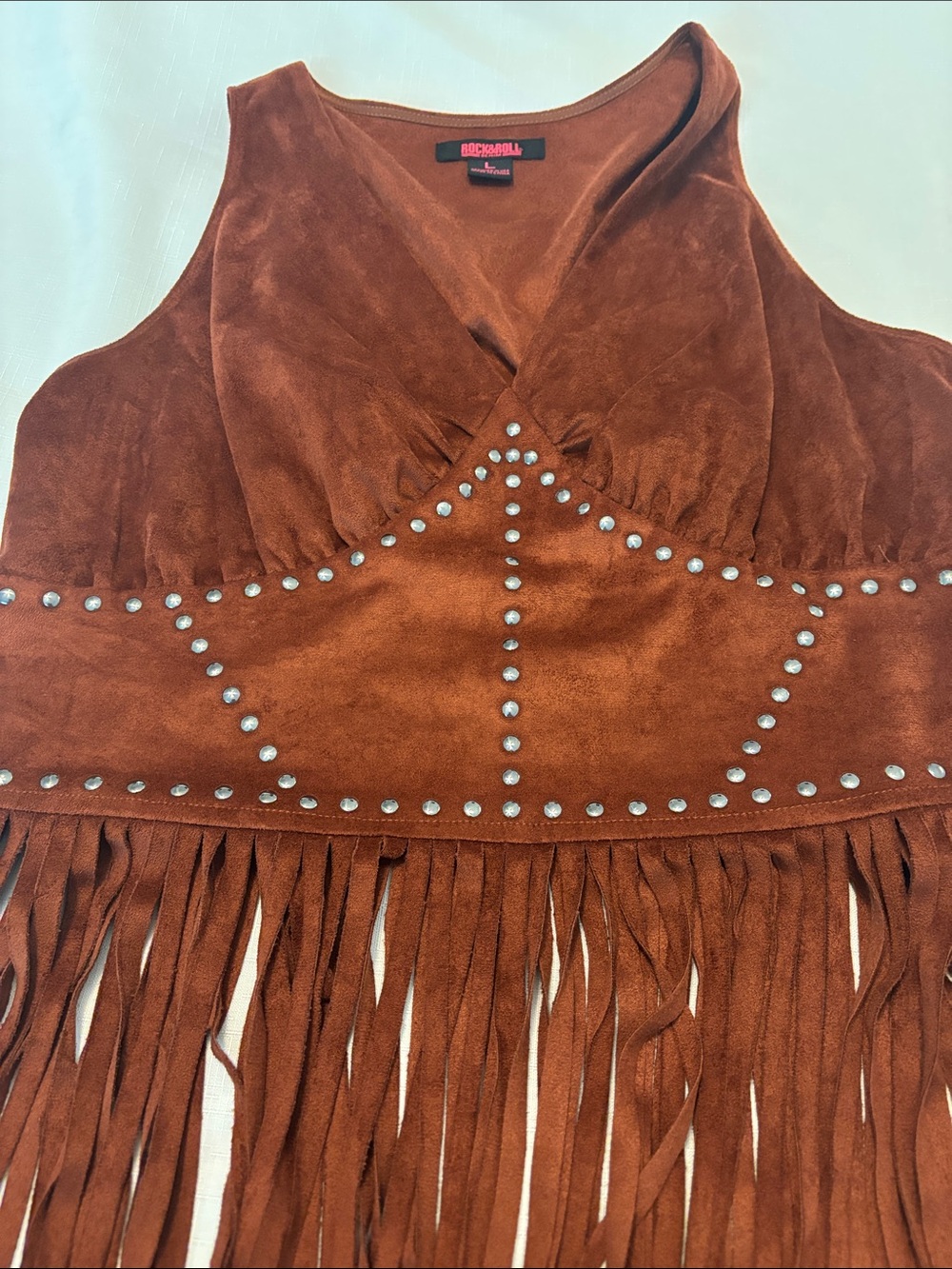 Rock & Roll Cowgirl Rust Brown Studded Fringe Faux Micro Suede Tank SZ L Western - Picture 13 of 13
